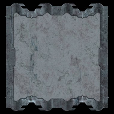 Gelecekçi tasarım şablonu. Metal paslı tabak menüsü. Teknoloji afişi beyaz arkaplanda izole edildi. Bilim kurgu elemanı grafiği. Metalik paslanmış 3 boyutlu illüstrasyon.  