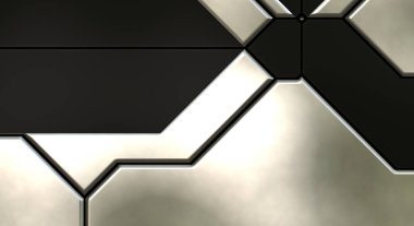 Üç boyutlu metalik doku. Uzay gemisi desenli yüzey. Aydınlık ve karanlık paneller. Fütürist soyut duvar kağıdı. Geometrik teknolojik yansıtıcı arkaplan.