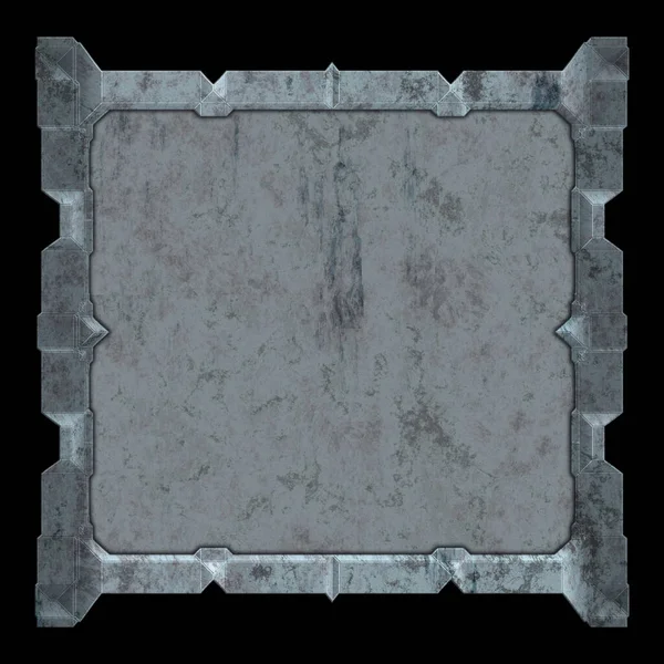 Gelecekçi tasarım şablonu. Metal paslı tabak menüsü. Teknoloji afişi beyaz arkaplanda izole edildi. Bilim kurgu elemanı grafiği. Metalik paslanmış 3 boyutlu illüstrasyon.  