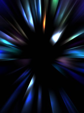 Siyah arkaplanda izole edilmiş dinamik ışık ışınları. Parlayan renkli ışık parçacıklarının grafiksel 2d çizimi.