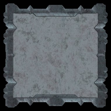 Gelecekçi tasarım şablonu. Metal paslı tabak menüsü. Teknoloji afişi beyaz arkaplanda izole edildi. Bilim kurgu elemanı grafiği. Metalik paslanmış 3 boyutlu illüstrasyon.  