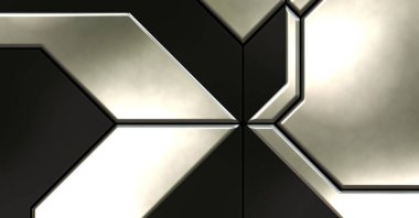 Üç boyutlu metalik doku. Uzay gemisi desenli yüzey. Aydınlık ve karanlık paneller. Fütürist soyut duvar kağıdı. Geometrik teknolojik yansıtıcı arkaplan.