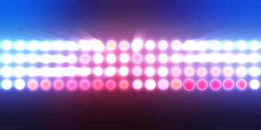 Parlak desenli duvar kağıdı. Sahne ışıkları olan renkli ışıkların ihtişamlı arkaplanı. Parlayan ışıklar siyah arka planda parti izleri. Sahne veya stadyum ışıklarının dijital illüstrasyonu. 