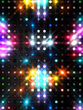 Parlayan ışıklar siyah arka planda parti izleri. Sahne veya stadyum ışıklarının dijital illüstrasyonu. Parlak desenli duvar kağıdı. Sahne ışıkları ile renkli ışıkların ihtişamlı arkaplanı.