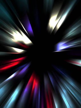 Siyah arkaplanda izole edilmiş dinamik ışık ışınları. Parlayan renkli ışık parçacıklarının grafiksel 2d çizimi.