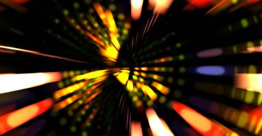 Siyah arkaplanda dönen ışık gösterisi. Lüks çizgiler. Parlak kıvrımlı duvar kağıdı. Uzay tüneli. Dönen ışık çemberi ya da maytap izi. Parlak konsept çizimi.