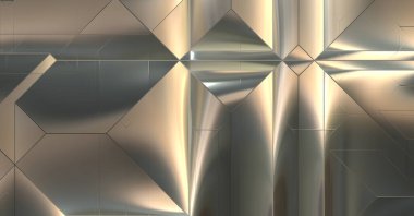 Parlak saten kaplama yüzey teknolojisi 3 boyutlu desen. Lüks yansımalı metal panel dokusu. Arkaplan, duvar kağıdı, uzay gemisi gövdesi için cilalanmış geometrik metal yansıtıcı fütüristik malzeme.