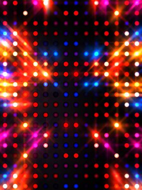 Parlayan ışıklar siyah arka planda parti izleri. Sahne veya stadyum ışıklarının dijital illüstrasyonu. Parlak desenli duvar kağıdı. Sahne ışıkları ile renkli ışıkların ihtişamlı arkaplanı.