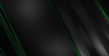 Metin için kopyalama alanı olan soyut siyah paneller. Üç boyutlu illüstrasyon. Renkli ışık özellikli koyu renk tasarım şablonu. Zarif geometrik parlak çizgili arka plan. Minimalist geometrik kapak grafiği.