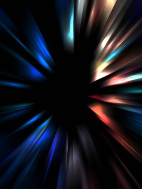 Siyah arkaplanda izole edilmiş dinamik ışık ışınları. Parlayan renkli ışık parçacıklarının grafiksel 2d çizimi.
