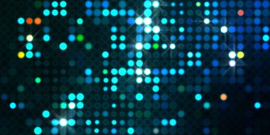 Parlak desenli duvar kağıdı. Sahne ışıkları olan renkli ışıkların ihtişamlı arkaplanı. Parlayan ışıklar siyah arka planda parti izleri. Sahne veya stadyum ışıklarının dijital illüstrasyonu. 