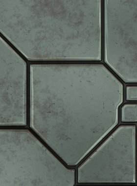 Gelecekçi kavramsal tasarım arka planı. Uzay gemisi desenli duvar kağıdı. Fırçalanmış teknoloji şablonu yüzeyi. Üç boyutlu illüstrasyon. SciFi panelleri duvar.