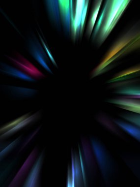 Siyah arkaplanda izole edilmiş dinamik ışık ışınları. Parlayan renkli ışık parçacıklarının grafiksel 2d çizimi.