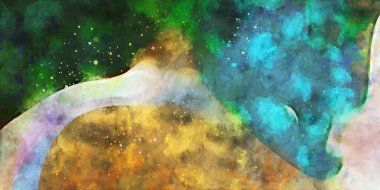 Kova desenli illüstrasyon. Çağdaş ve modern doku. Soyut renk boyama arka planı. Yaratıcı ve sanatsal duvar kağıdı. Fırçalanmış şekilleri ve lekeleri olan sanatsal duvar..