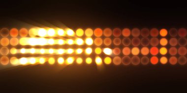 Parlak desenli duvar kağıdı. Sahne ışıkları olan renkli ışıkların ihtişamlı arkaplanı. Parlayan ışıklar siyah arka planda parti izleri. Sahne veya stadyum ışıklarının dijital illüstrasyonu. 