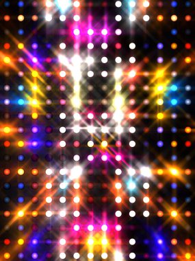 Parlayan ışıklar siyah arka planda parti izleri. Sahne veya stadyum ışıklarının dijital illüstrasyonu. Parlak desenli duvar kağıdı. Sahne ışıkları ile renkli ışıkların ihtişamlı arkaplanı.