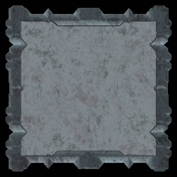 Gelecekçi tasarım şablonu. Metal paslı tabak menüsü. Teknoloji afişi beyaz arkaplanda izole edildi. Bilim kurgu elemanı grafiği. Metalik paslanmış 3 boyutlu illüstrasyon.  