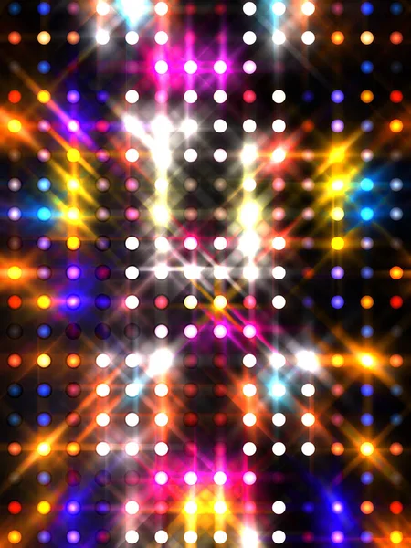 Parlayan ışıklar siyah arka planda parti izleri. Sahne veya stadyum ışıklarının dijital illüstrasyonu. Parlak desenli duvar kağıdı. Sahne ışıkları ile renkli ışıkların ihtişamlı arkaplanı.