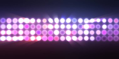 Parlak desenli duvar kağıdı. Sahne ışıkları olan renkli ışıkların ihtişamlı arkaplanı. Parlayan ışıklar siyah arka planda parti izleri. Sahne veya stadyum ışıklarının dijital illüstrasyonu. 