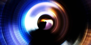 Parlayan neon ışıkları. Parlak sunum tasarım şablonu. Fotoğraf makinesi konsepti. Soyut arkaplan. Dönen ışık ışınları. Hareketli kavramsal duvar kağıdı. Grafik dijital illüstrasyon. 