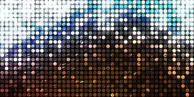 Parlayan ışıklar siyah arka planda parti izleri. Sahne veya stadyum ışıklarının dijital illüstrasyonu. Parlak desenli duvar kağıdı. Sahne ışıkları ile renkli ışıkların ihtişamlı arkaplanı.