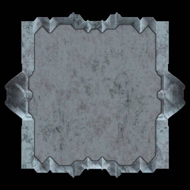 Gelecekçi tasarım şablonu. Metal paslı tabak menüsü. Teknoloji afişi beyaz arkaplanda izole edildi. Bilim kurgu elemanı grafiği. Metalik paslanmış 3 boyutlu illüstrasyon.  