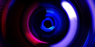 Fotoğraf makinesi konsepti. Soyut arkaplan. Dönen ışık ışınları. Hareketli kavramsal duvar kağıdı. Grafik dijital illüstrasyon. Parlayan neon ışıkları. Parlak sunum tasarım şablonu.