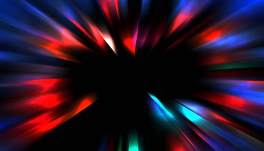 Siyah arkaplanda izole edilmiş dinamik ışık ışınları. Parlayan renkli ışık parçacıklarının grafiksel 2d çizimi.