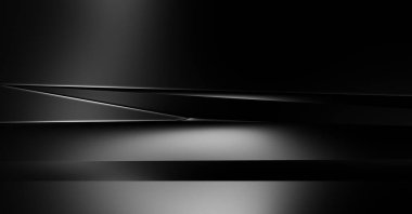 Geometrik katmanlı 3 boyutlu siyah arkaplan. Soyut koyu fütüristik duvar kağıdı. Zarif, parlak çizgili arka plan. Poster, broşür, sunum ve web sitesi için geometrik şablon tasarımı.