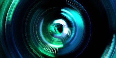 Fotoğraf makinesi konsepti. Soyut arkaplan. Dönen ışık ışınları. Hareketli kavramsal duvar kağıdı. Grafik dijital illüstrasyon. Parlayan neon ışıkları. Parlak sunum tasarım şablonu.