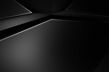 Lüks minimalist tasarım. Fütürist şablon. Karanlık elementleri olan birinci sınıf soyut duvar kâğıdı. Zarif bir zemin. Siyah üç boyutlu geometrik arkaplan. Poster, broşür, sunum için tasarım.