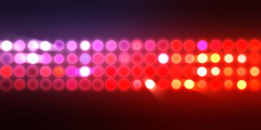 Parlak desenli duvar kağıdı. Sahne ışıkları olan renkli ışıkların ihtişamlı arkaplanı. Parlayan ışıklar siyah arka planda parti izleri. Sahne veya stadyum ışıklarının dijital illüstrasyonu. 