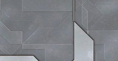 Katmanlı paneller. Fütürist soyut duvar kağıdı. Geometrik teknolojik yansıtıcı arka plan 3D metalik doku. Uzay gemisi desen yüzeyi.