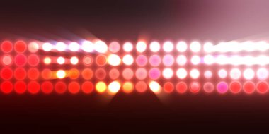 Parlak desenli duvar kağıdı. Sahne ışıkları olan renkli ışıkların ihtişamlı arkaplanı. Parlayan ışıklar siyah arka planda parti izleri. Sahne veya stadyum ışıklarının dijital illüstrasyonu. 