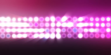 Parlak desenli duvar kağıdı. Sahne ışıkları olan renkli ışıkların ihtişamlı arkaplanı. Parlayan ışıklar siyah arka planda parti izleri. Sahne veya stadyum ışıklarının dijital illüstrasyonu. 