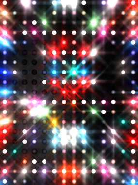 Parlayan ışıklar siyah arka planda parti izleri. Sahne veya stadyum ışıklarının dijital illüstrasyonu. Parlak desenli duvar kağıdı. Sahne ışıkları ile renkli ışıkların ihtişamlı arkaplanı.