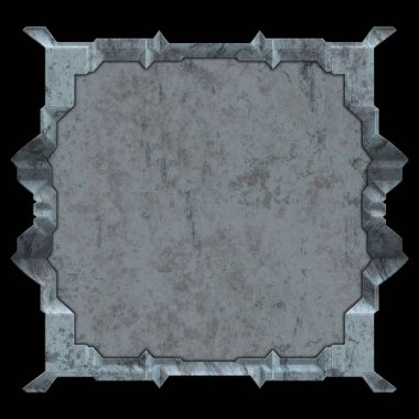 Gelecekçi tasarım şablonu. Metal paslı tabak menüsü. Teknoloji afişi beyaz arkaplanda izole edildi. Bilim kurgu elemanı grafiği. Metalik paslanmış 3 boyutlu illüstrasyon.  