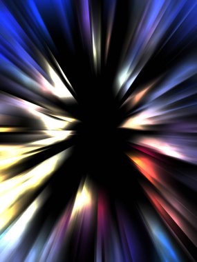 Siyah arkaplanda izole edilmiş dinamik ışık ışınları. Parlayan renkli ışık parçacıklarının grafiksel 2d çizimi.