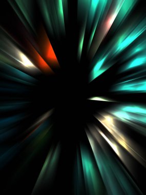 Siyah arkaplanda izole edilmiş dinamik ışık ışınları. Parlayan renkli ışık parçacıklarının grafiksel 2d çizimi.