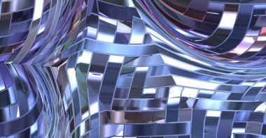 Metalik panel dokusunun 3 boyutlu çizimi. Renkli, parlak, soyut duvar kağıdı. Geometrik teknolojik parlak yansıtıcı arka plan. Yaratıcı parlak kavramsal arkaplan.