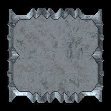 Gelecekçi tasarım şablonu. Metal paslı tabak menüsü. Teknoloji afişi beyaz arkaplanda izole edildi. Bilim kurgu elemanı grafiği. Metalik paslanmış 3 boyutlu illüstrasyon.  