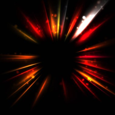 Işık huzmeleri ve parlayan parçacıkların kesiştiği güzel bir zemin. Canlı renkli ışıkların duvar kâğıdı. Parlak ışık görüntüsü.