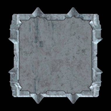 Gelecekçi tasarım şablonu. Metal paslı tabak menüsü. Teknoloji afişi beyaz arkaplanda izole edildi. Bilim kurgu elemanı grafiği. Metalik paslanmış 3 boyutlu illüstrasyon.  