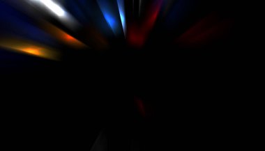 Siyah arkaplanda izole edilmiş dinamik ışık ışınları. Parlayan renkli ışık parçacıklarının grafiksel 2d çizimi.