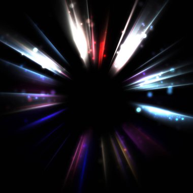 Işık huzmeleri ve parlayan parçacıkların kesiştiği güzel bir zemin. Canlı renkli ışıkların duvar kâğıdı. Parlak ışık görüntüsü.