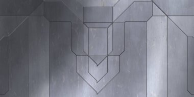 Gelecekçi kavramsal tasarım arka planı. Uzay gemisi desenli duvar kağıdı. Fırçalanmış teknoloji şablonu yüzeyi. Üç boyutlu illüstrasyon. Simetrik SciFi panelleri duvar. 