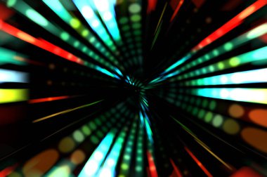 Siyah arkaplanda dönen ışık gösterisi. Lüks çizgiler. Parlak kıvrımlı duvar kağıdı. Uzay tüneli. Dönen ışık çemberi ya da maytap izi. Parlak konsept çizimi.