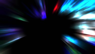 Siyah arkaplanda izole edilmiş dinamik ışık ışınları. Parlayan renkli ışık parçacıklarının grafiksel 2d çizimi.