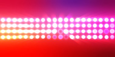 Parlak desenli duvar kağıdı. Sahne ışıkları olan renkli ışıkların ihtişamlı arkaplanı. Parlayan ışıklar siyah arka planda parti izleri. Sahne veya stadyum ışıklarının dijital illüstrasyonu. 