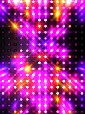 Parlayan ışıklar siyah arka planda parti izleri. Sahne veya stadyum ışıklarının dijital illüstrasyonu. Parlak desenli duvar kağıdı. Sahne ışıkları ile renkli ışıkların ihtişamlı arkaplanı.